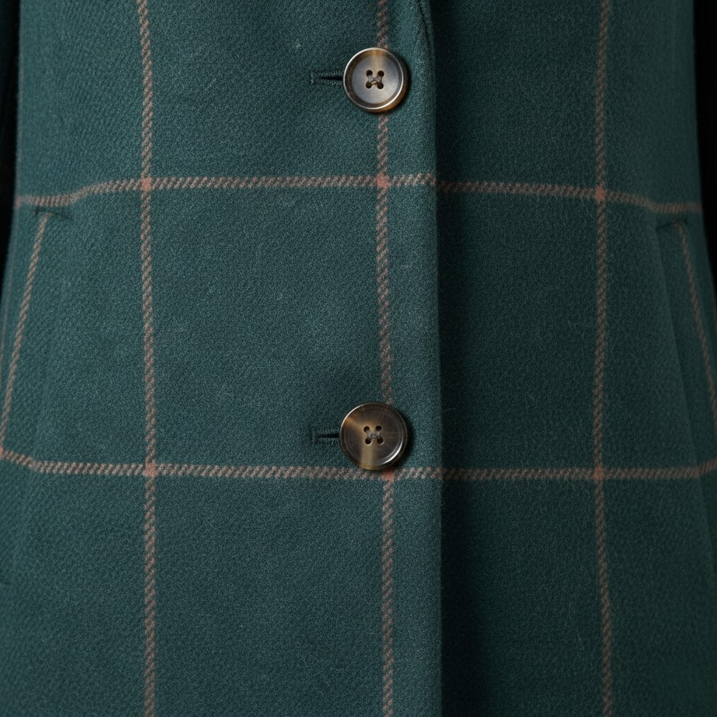 Women's plaid coat with two metal-look button closures