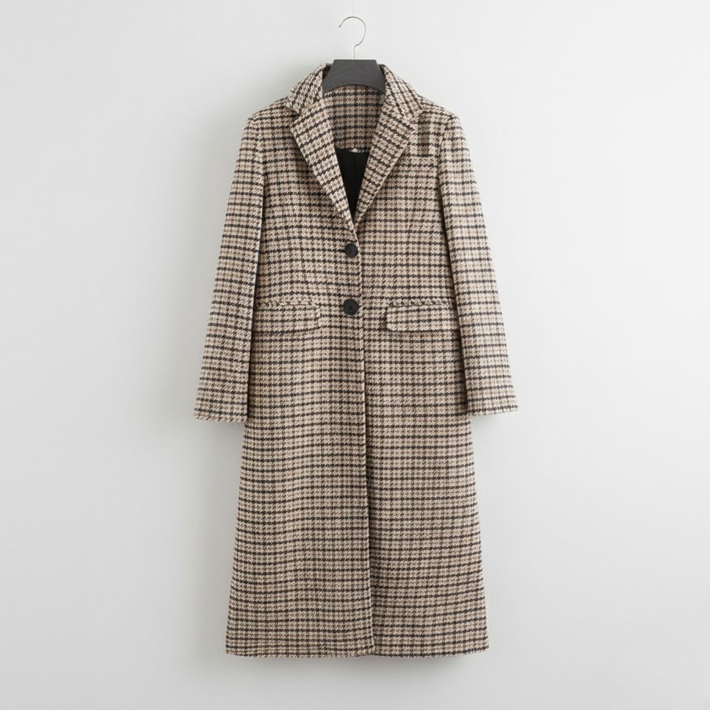 Plaid long coat on hanger with notched lapel, button front, and flap pockets