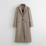 Plaid long coat on hanger with notched lapel, button front, and flap pockets