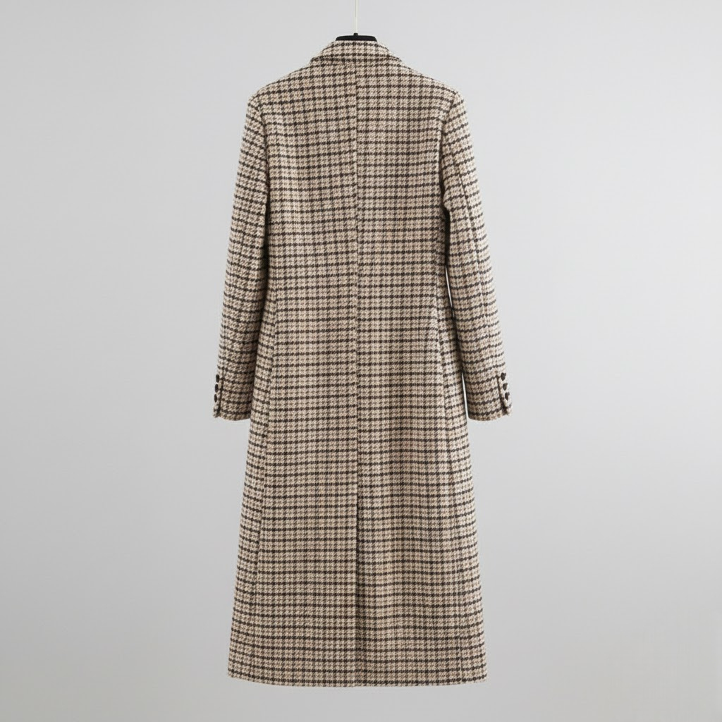 Plaid long overcoat back view with full length design and buttoned center