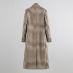 Plaid long overcoat back view with full length design and buttoned center