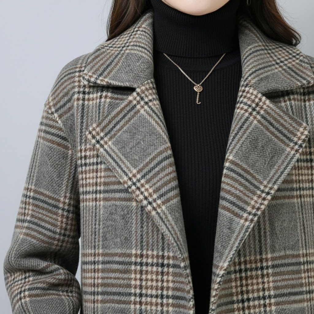 Plaid coat lapels with double-breasted button line and contrast stitching detail