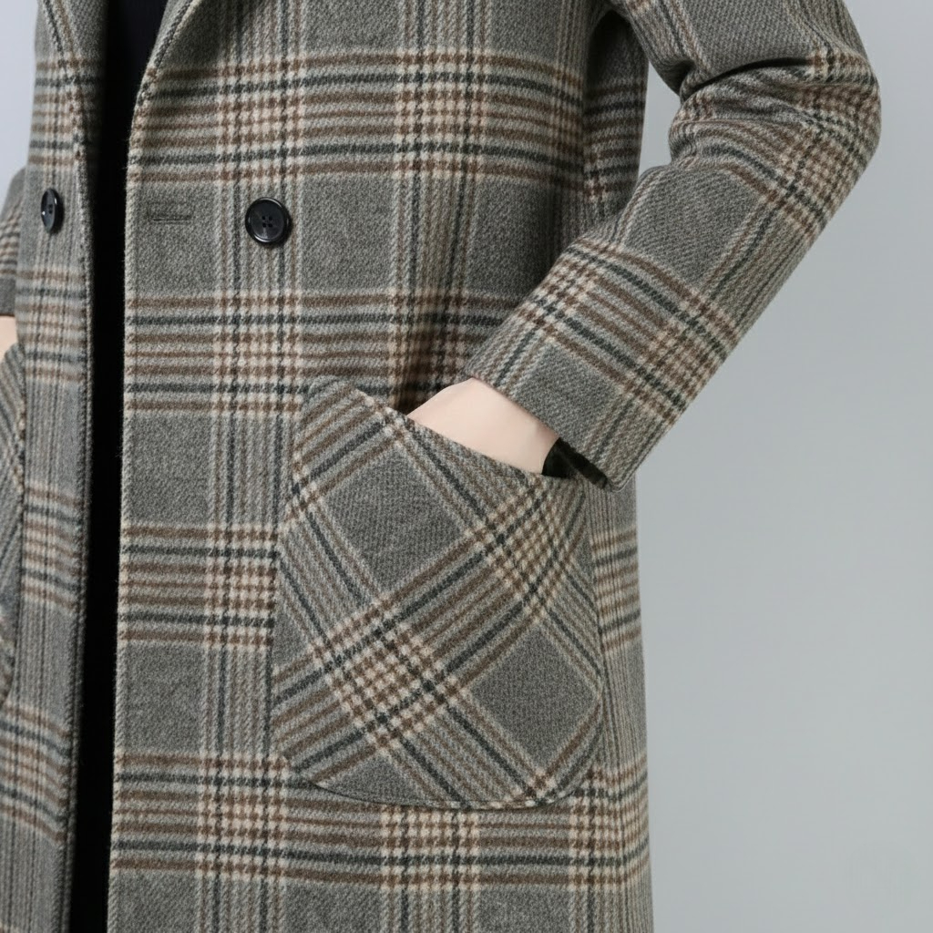 Plaid coat chest pocket and dark button detail with long sleeve cuff