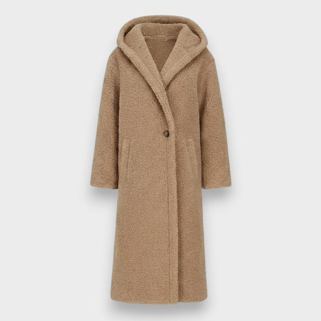 Beige teddy hooded coat, button front, long sleeves, side pockets