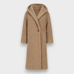 Beige teddy hooded coat, button front, long sleeves, side pockets