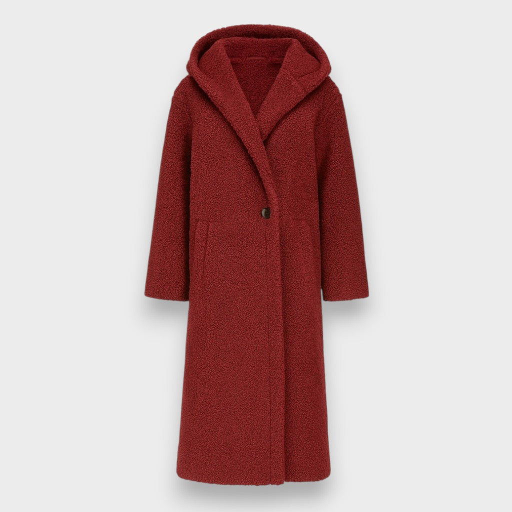 Red teddy coat with hood, single-button closure, long length, welt pockets