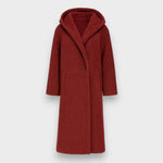 Red teddy coat with hood, single-button closure, long length, welt pockets