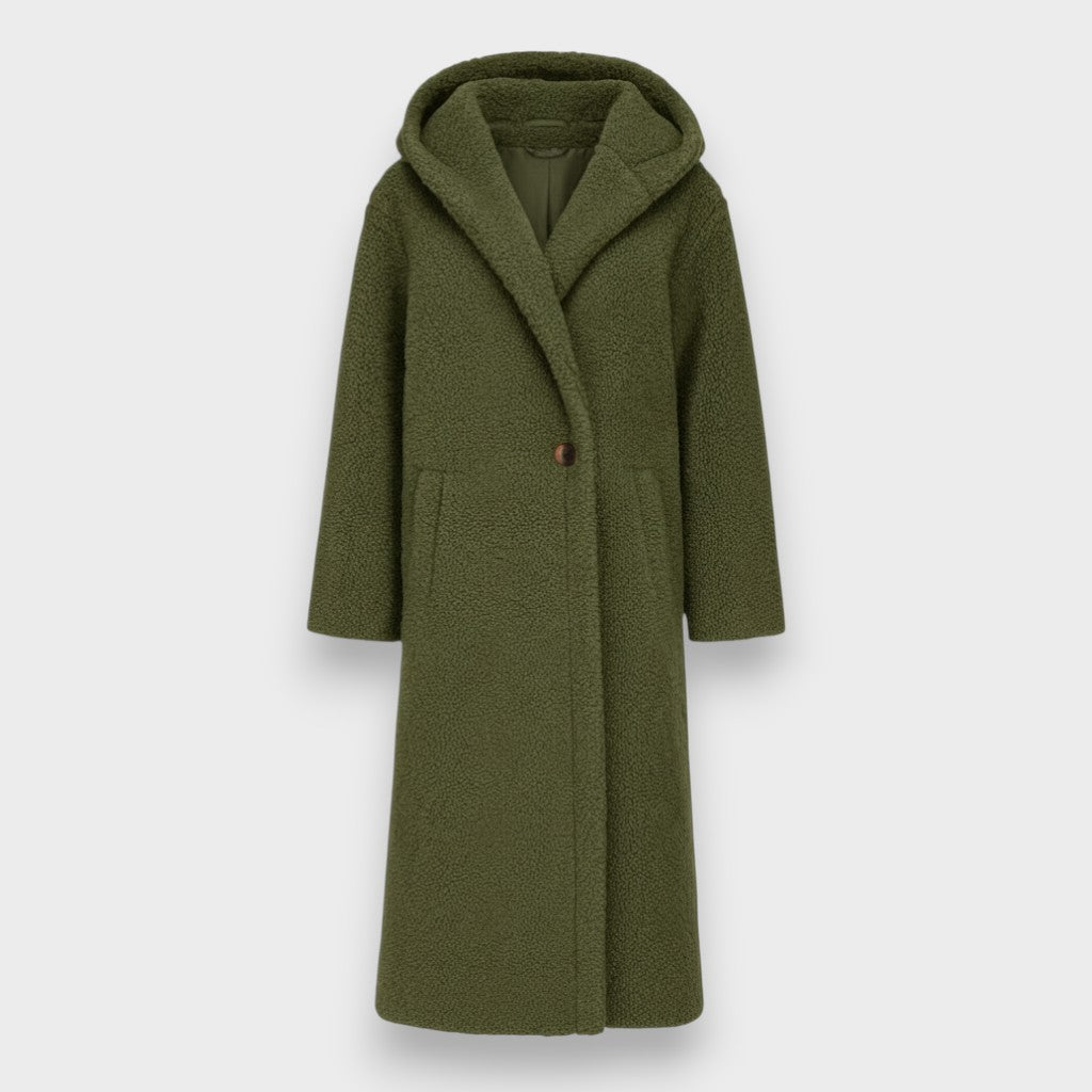 Green teddy hooded coat with button front, long sleeves, side pockets