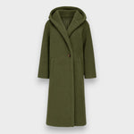 Green teddy hooded coat with button front, long sleeves, side pockets