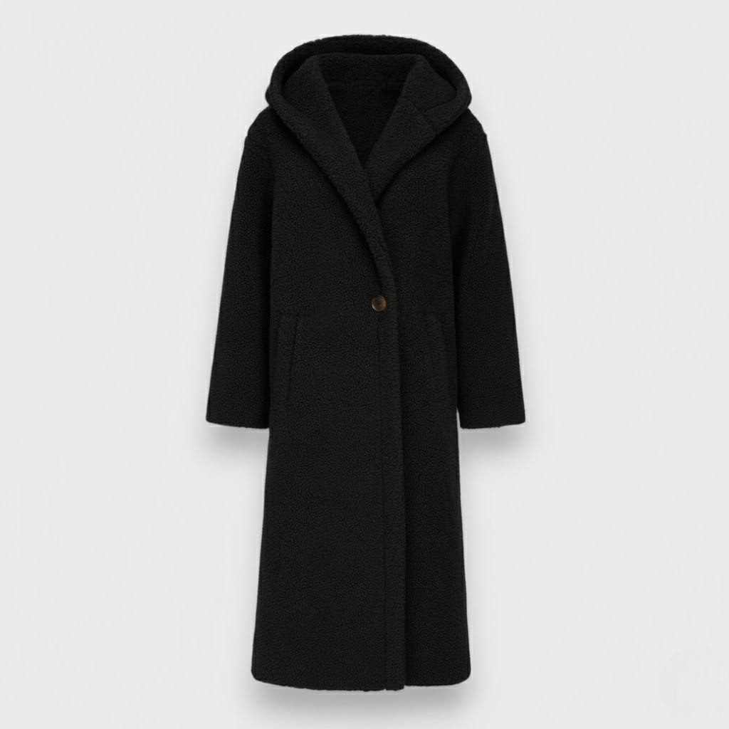 Black teddy hooded coat with button front, long sleeves, side pockets