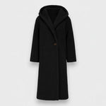 Black teddy hooded coat with button front, long sleeves, side pockets