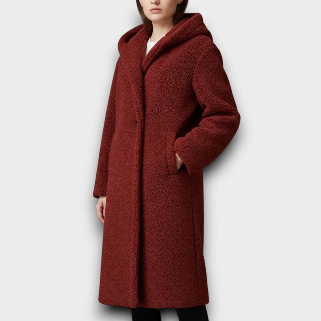 Red teddy hooded coat, button front, long sleeves, side pockets