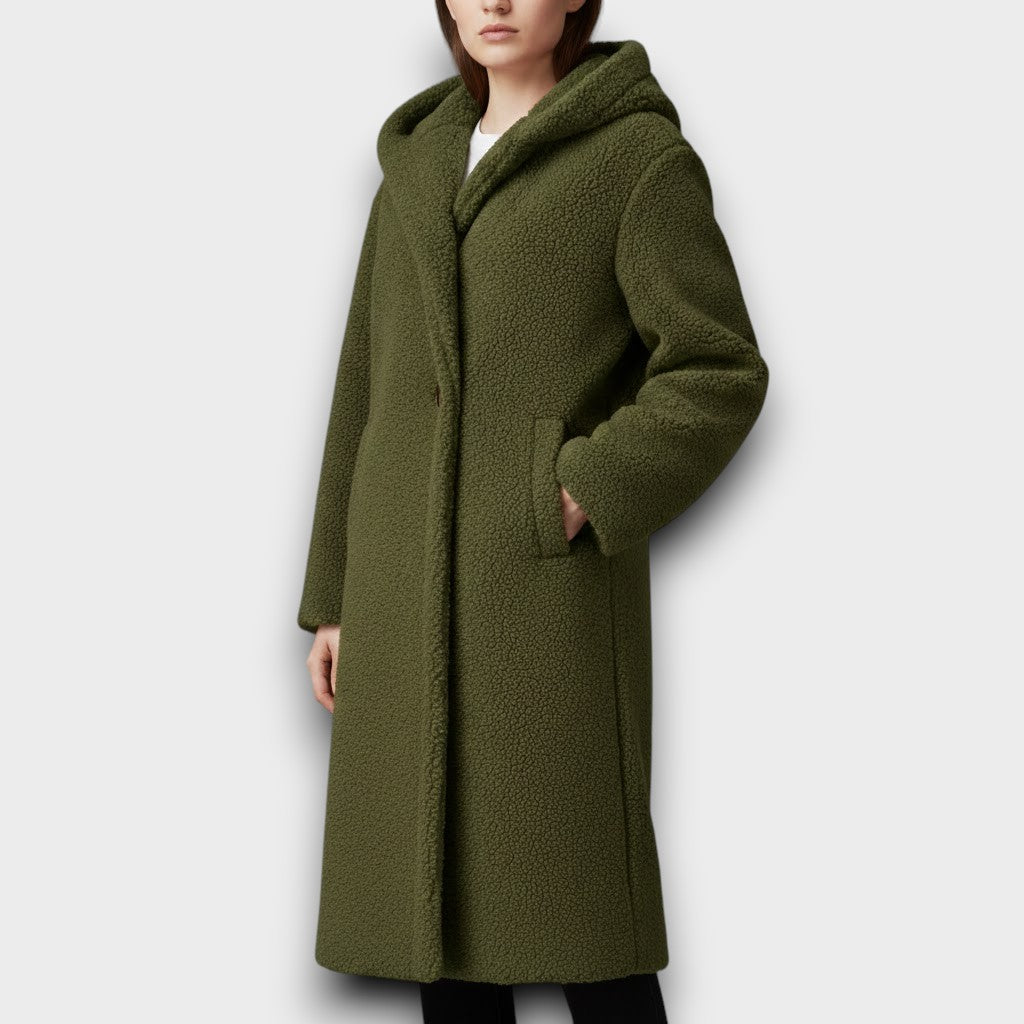 Green teddy long coat, hooded neckline, button closure, side pockets