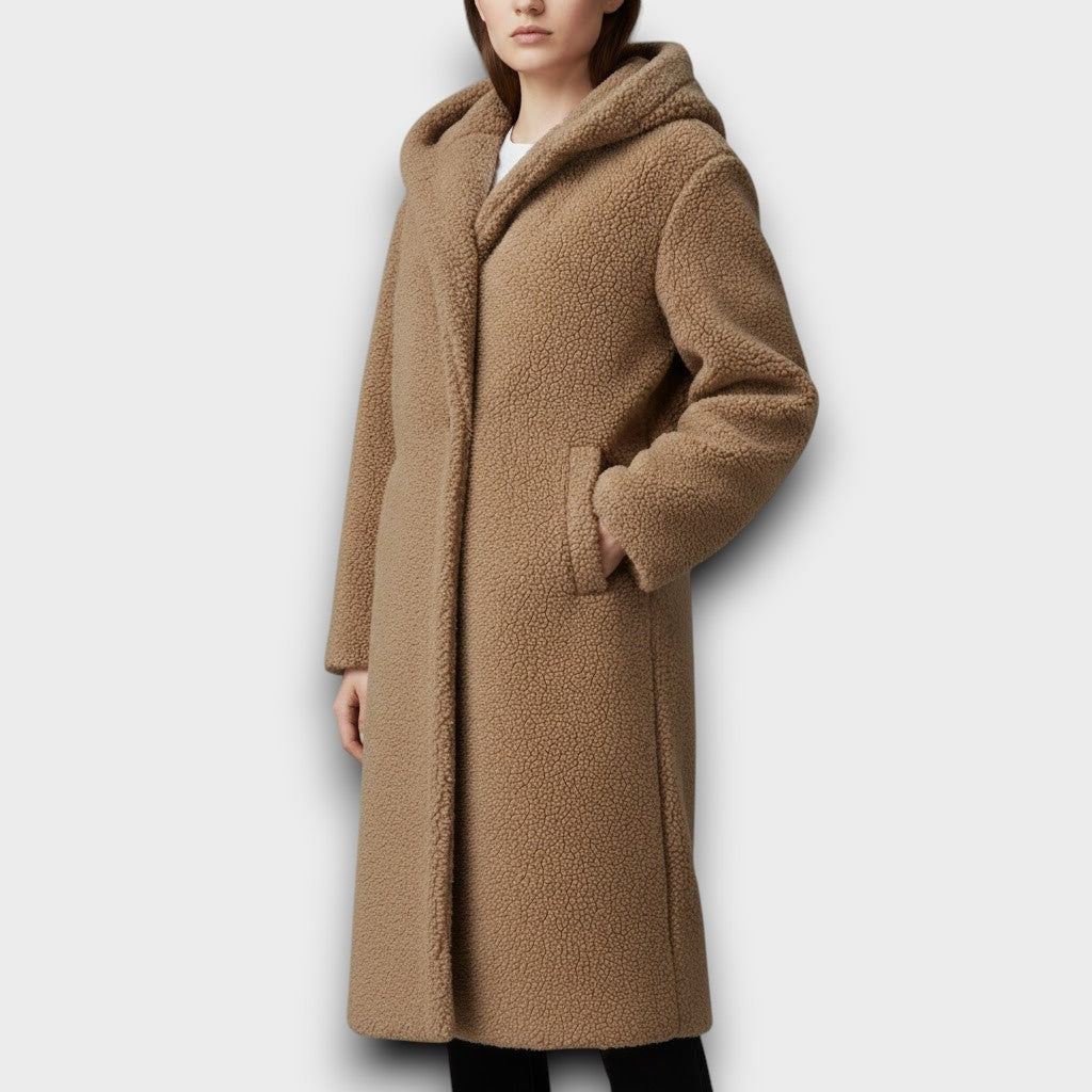 Beige teddy long coat with hood, button closure, long sleeves, side pockets