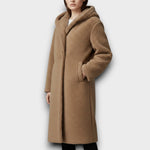 Beige teddy long coat with hood, button closure, long sleeves, side pockets