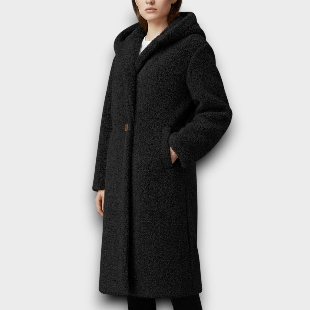 Black teddy long coat with hood, button closure, side pockets, long sleeves