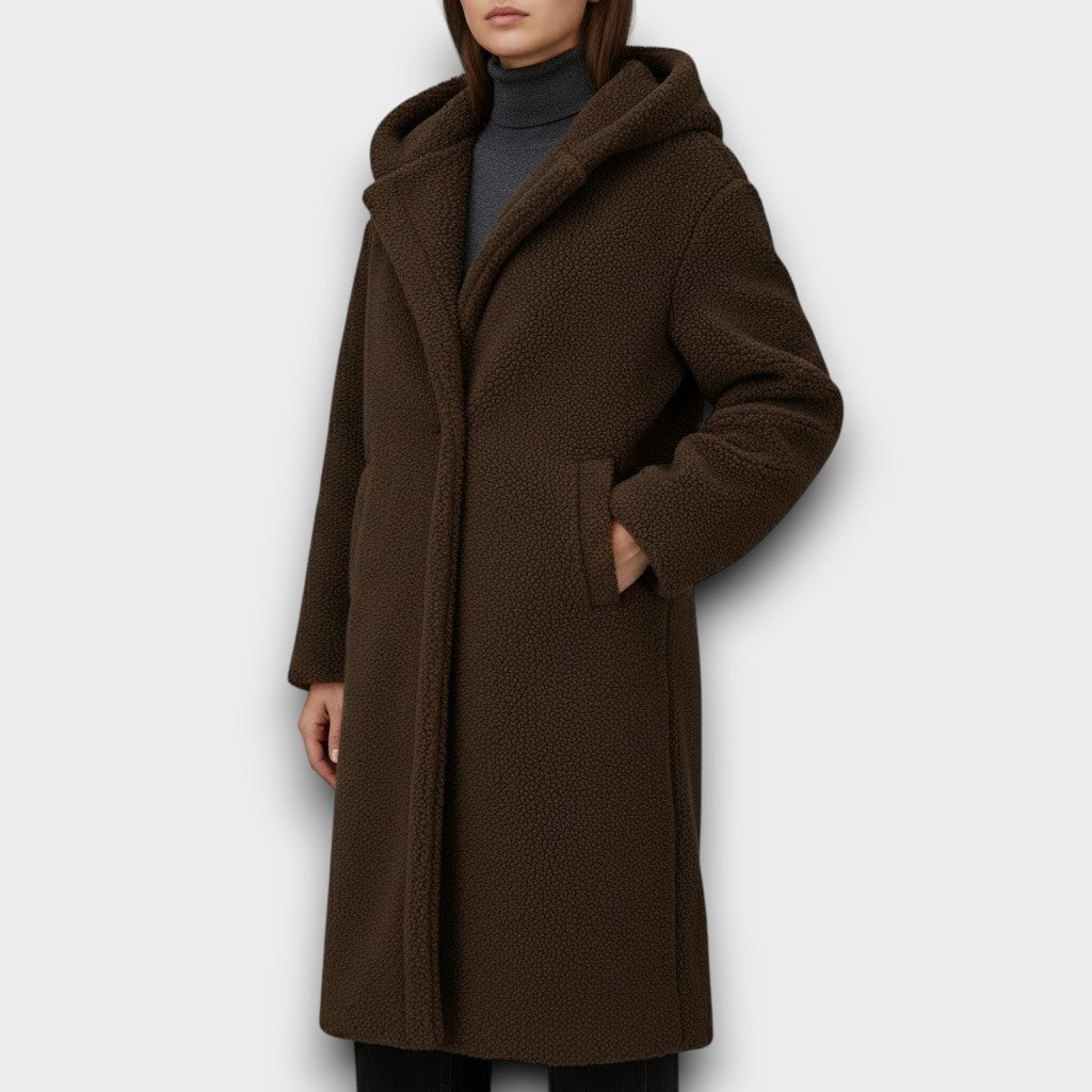 Maria long teddy coat with hood, dark brown, full-length front zip closure