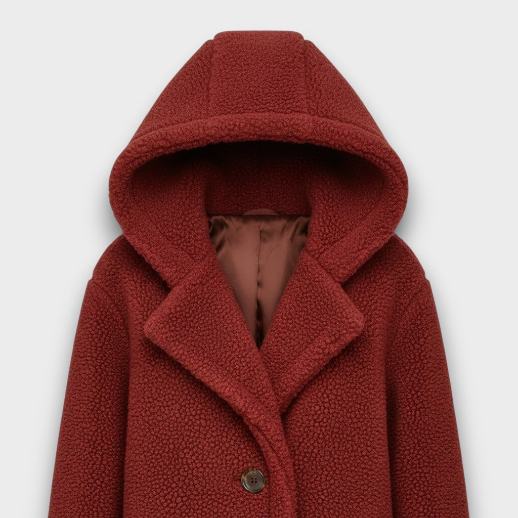 Red teddy hooded coat with button placket and textured sherpa lining