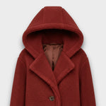 Red teddy hooded coat with button placket and textured sherpa lining