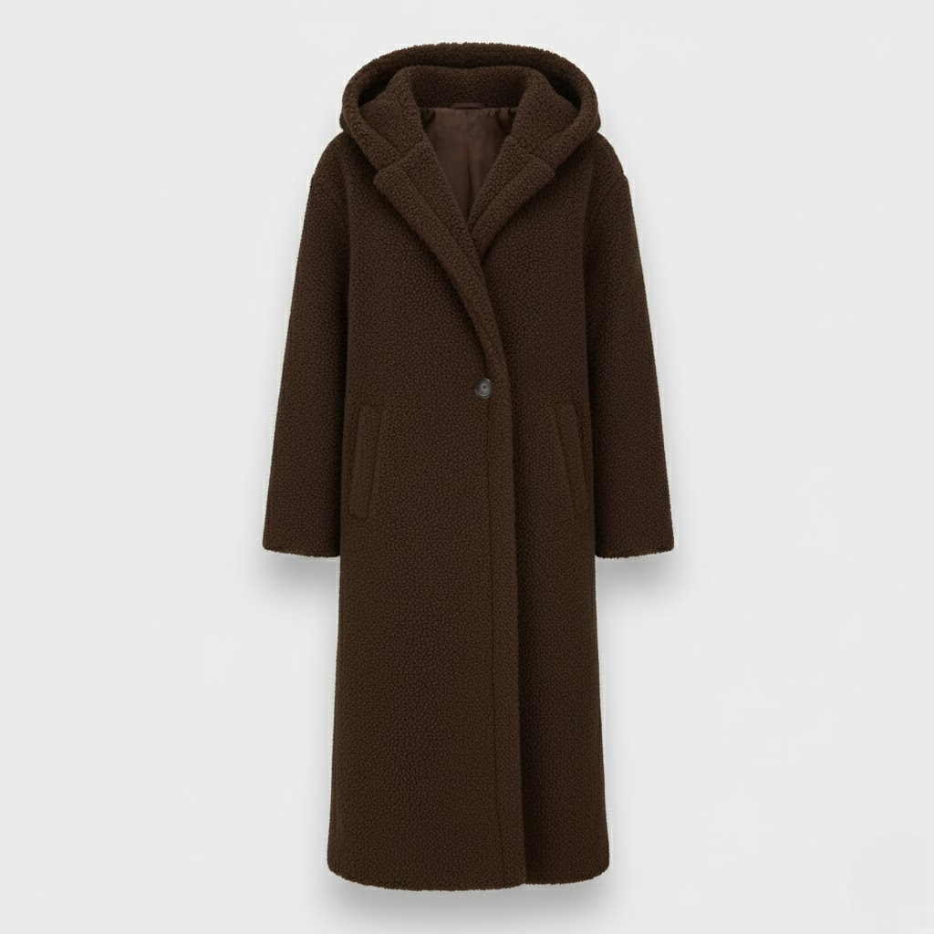 Brown teddy hooded coat, button front, long sleeves, side pockets