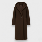 Brown teddy hooded coat, button front, long sleeves, side pockets