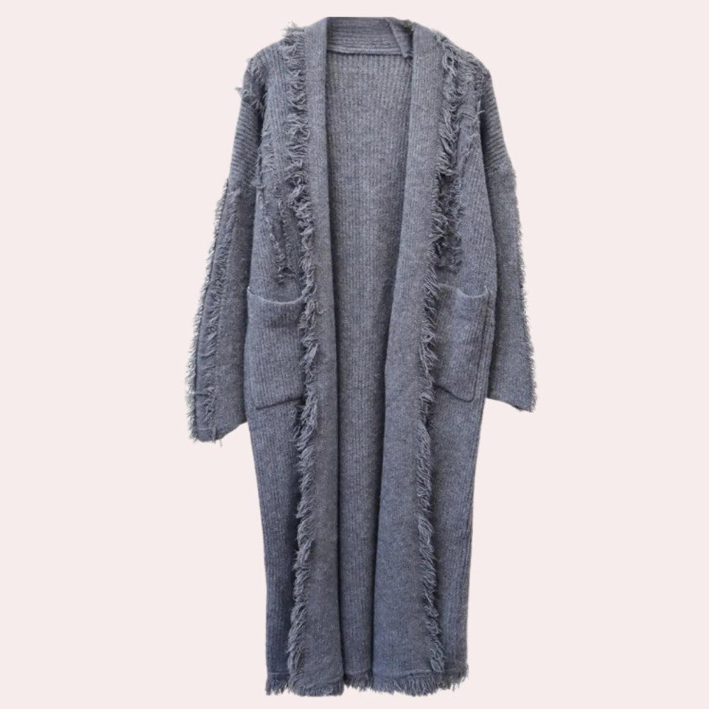 Gray long cardigan duster with open front, patch pockets, and fringe hem trim