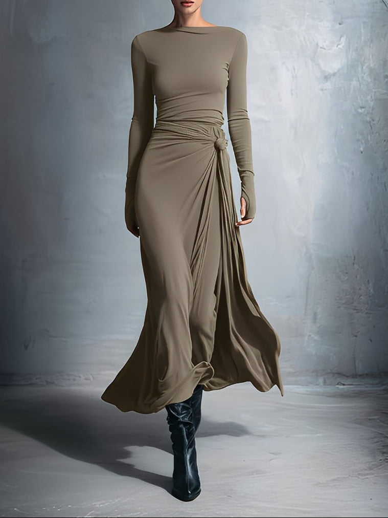 Naomie maxi dress with silk knot, long sleeves, ruched wrap, taupe