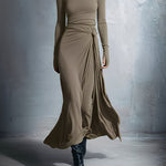Naomie maxi dress with silk knot, long sleeves, ruched wrap, taupe