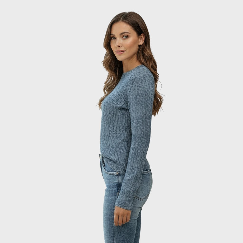 Blue structured V-neck pullover sweater with long sleeves and textured knit.