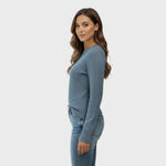 Blue structured V-neck pullover sweater with long sleeves and textured knit.