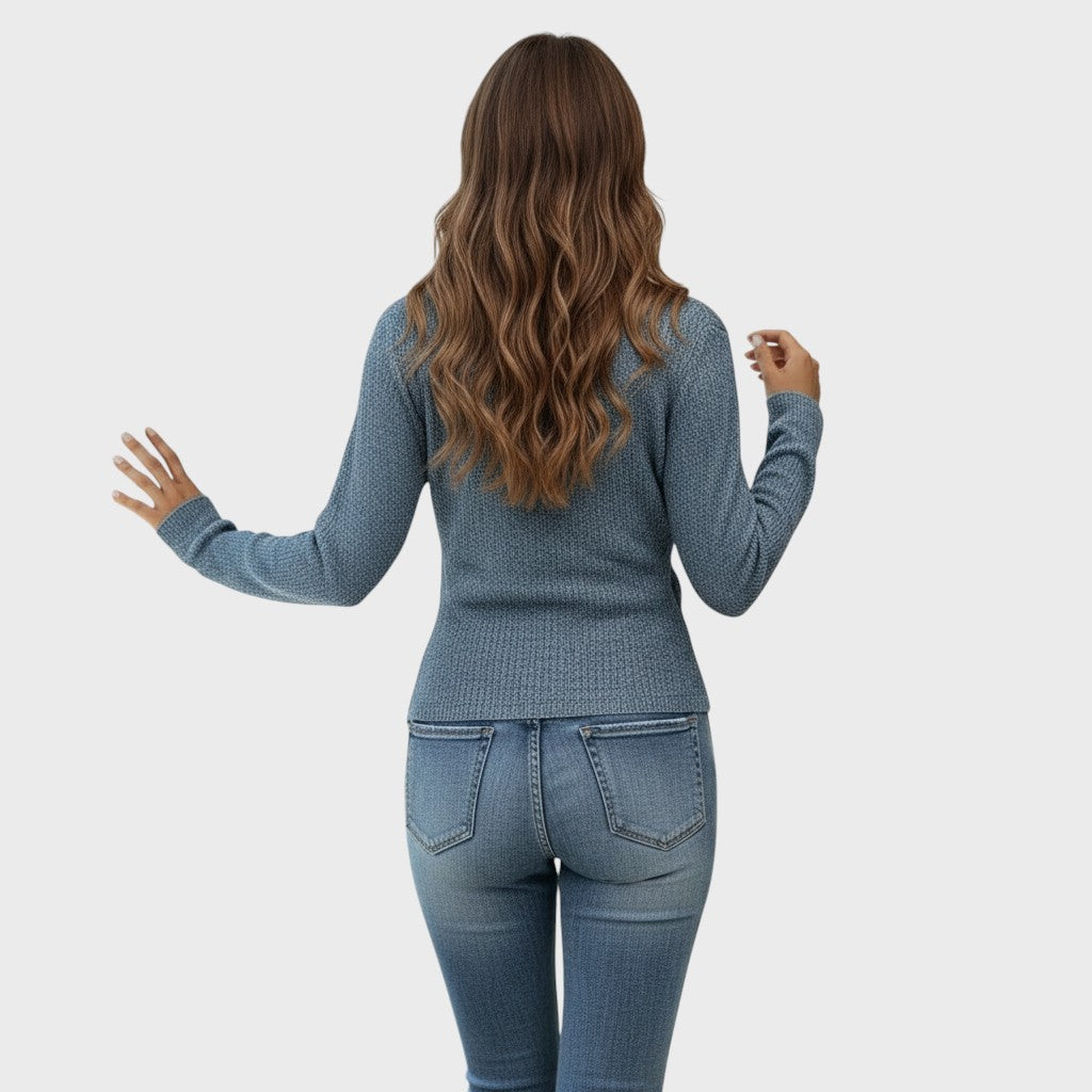 Blue structured V-neck pullover sweater from back view with long sleeves.