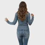 Blue structured V-neck pullover sweater from back view with long sleeves.