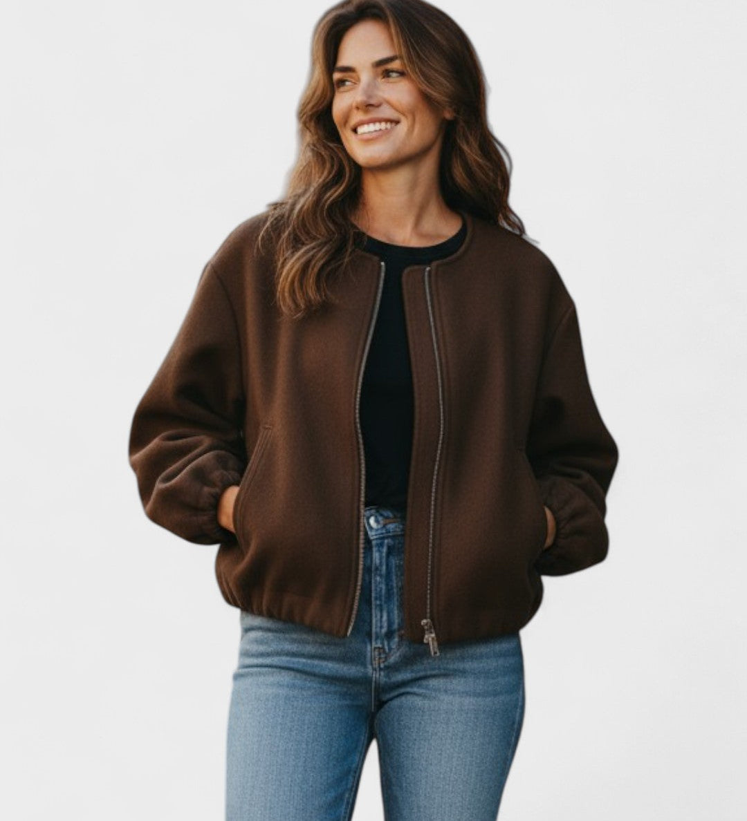 Brown cropped bomber jacket with front zipper, elastic cuffs, and side pockets