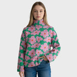 Floral-pattern pullover with ribbed high neck and long sleeves, multicolor flowers