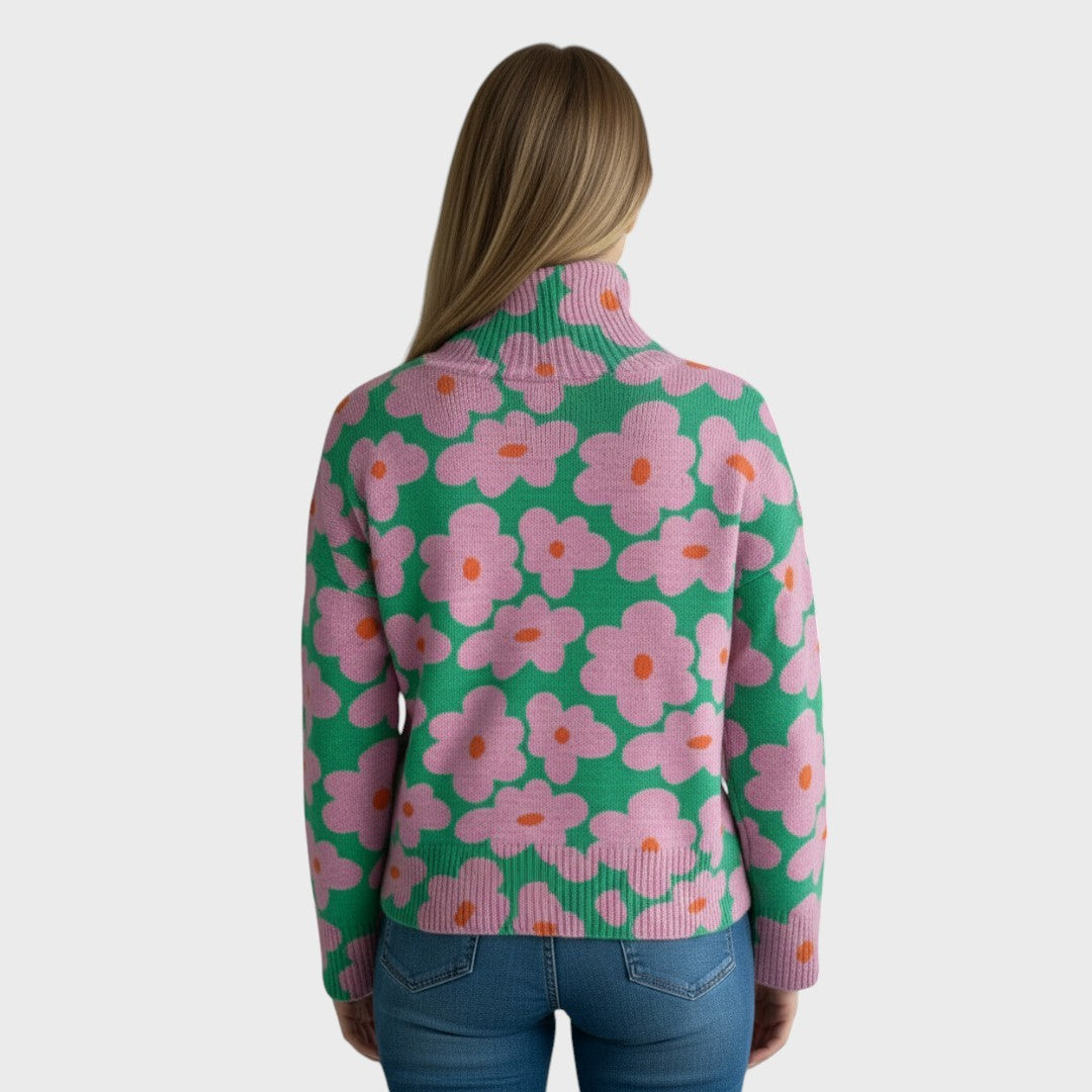 Floral-pattern pullover with ribbed high neck, multicolor flower print, rear view