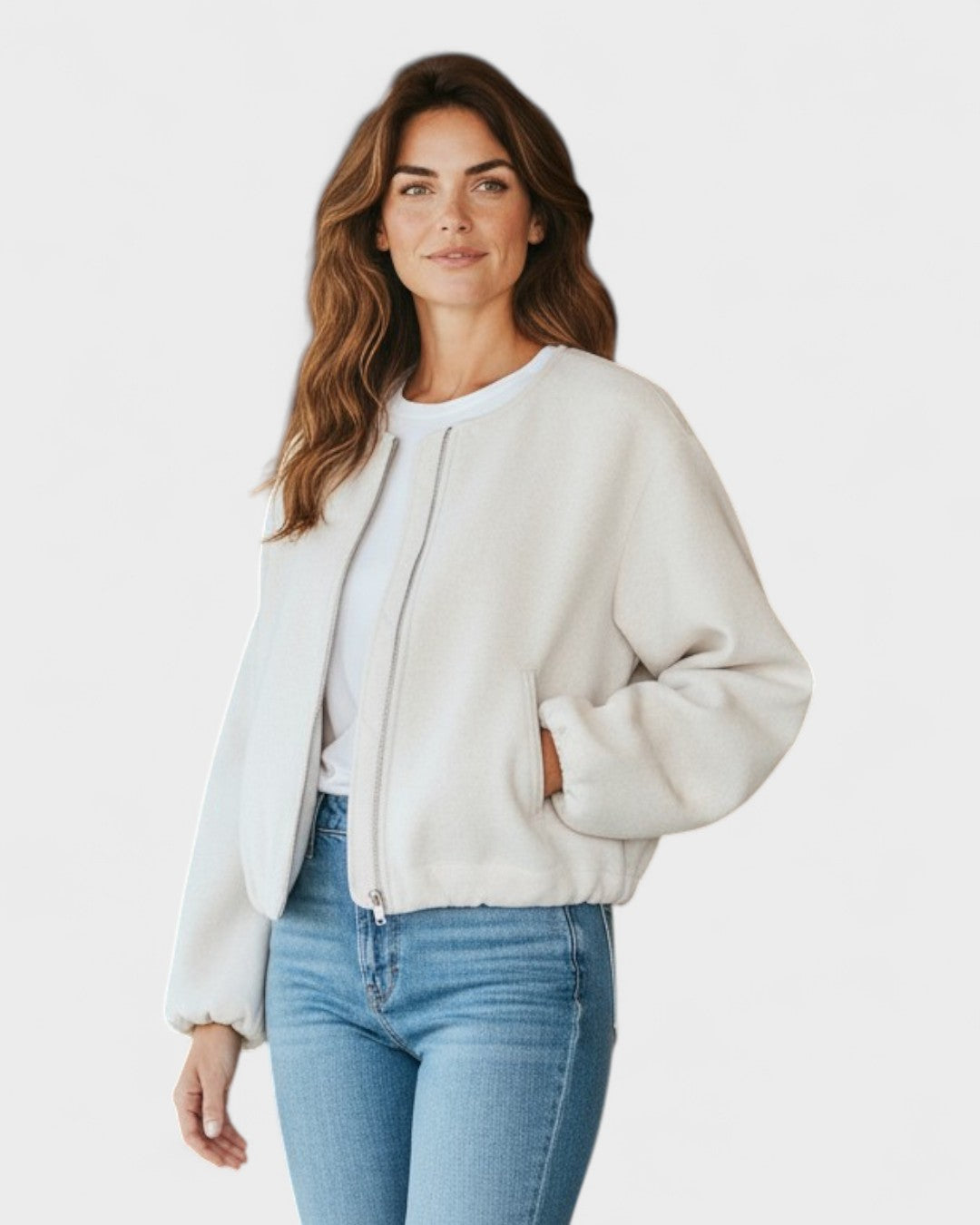 White cropped bomber jacket with full front zipper, side pockets, and elastic cuffs
