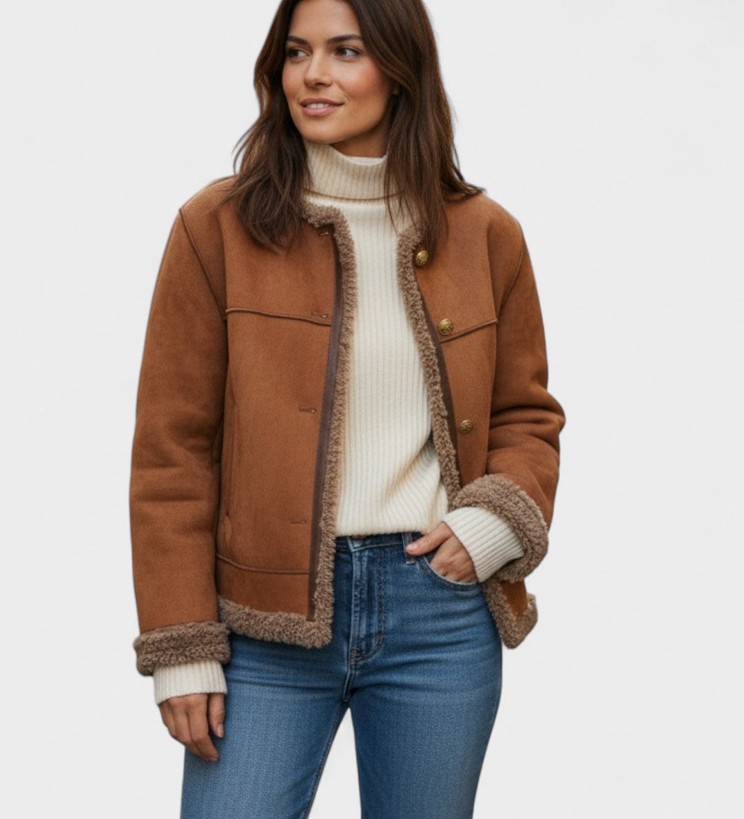 Brown shearling-lined coat with button front, sherpa-trim collar and hem