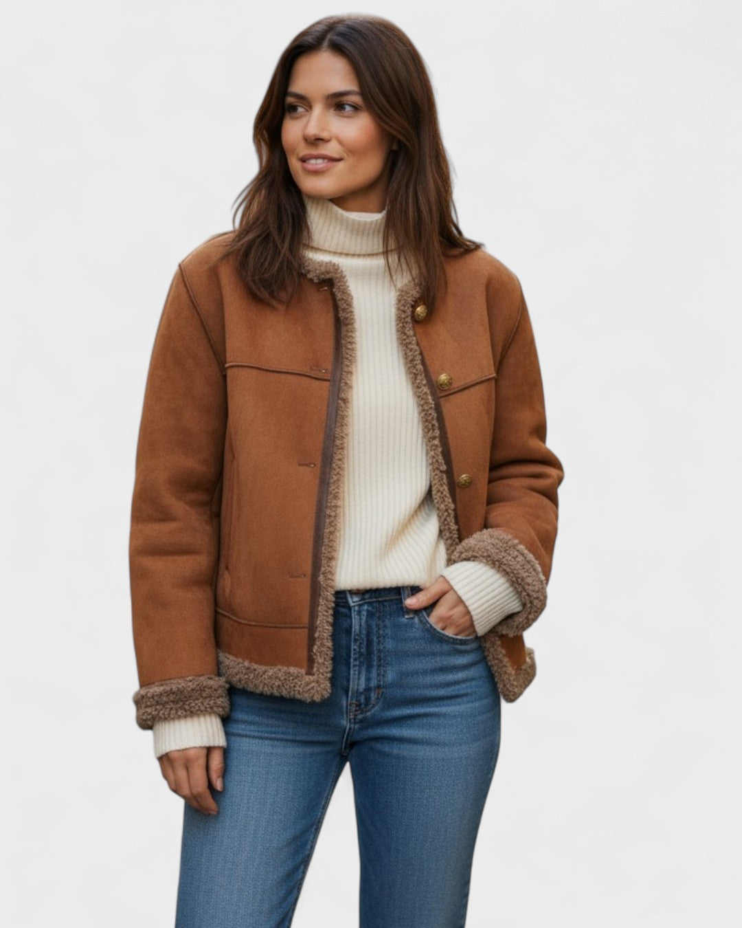 Brown shearling-lined coat with button front, sherpa-trim collar and hem