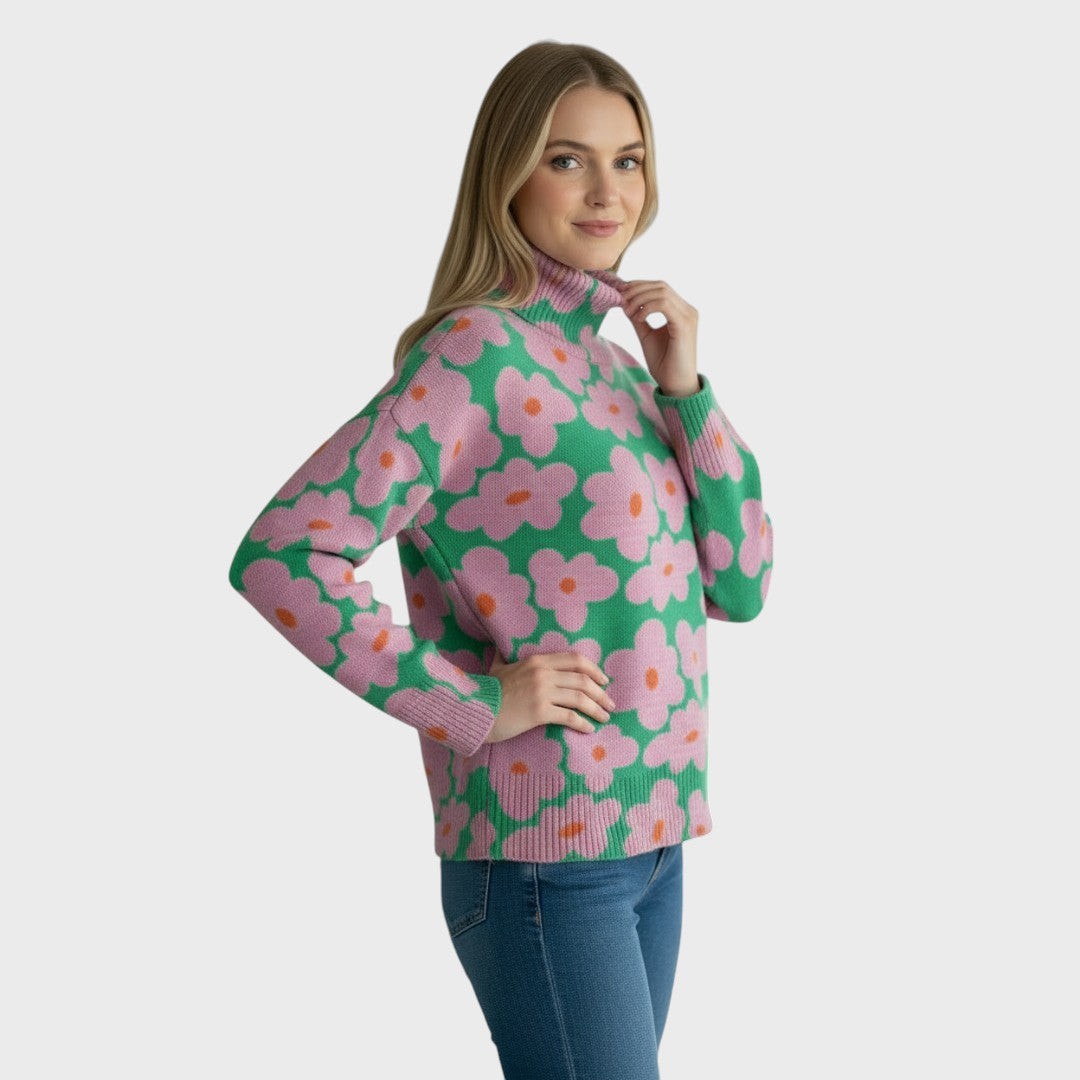 Floral-pattern pullover with ribbed high neck, multicolor flower print on sleeves