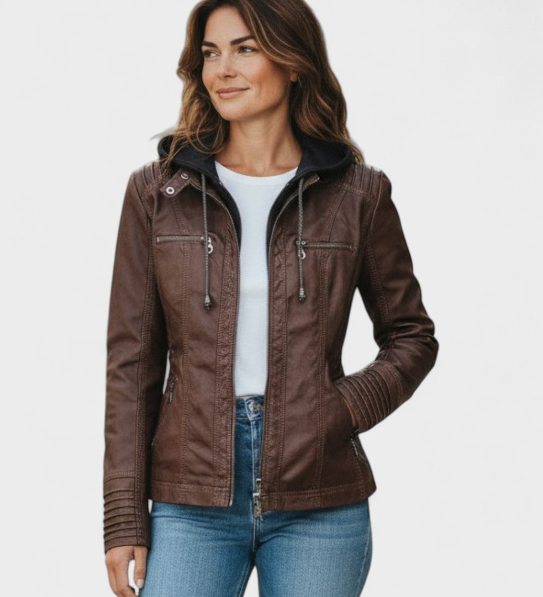 Women's brown hooded jacket with zip pockets and ribbed sleeves