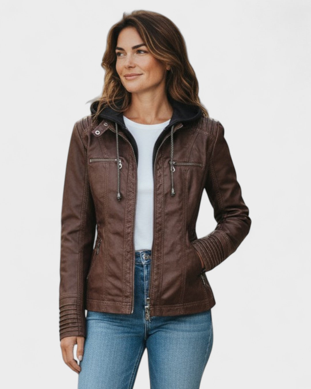 Women's brown hooded jacket with zip pockets and ribbed sleeves