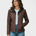 Women's brown hooded jacket with zip pockets and ribbed sleeves