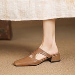 Natural leather mule flats in tan, low block heel with ankle cutout and strap