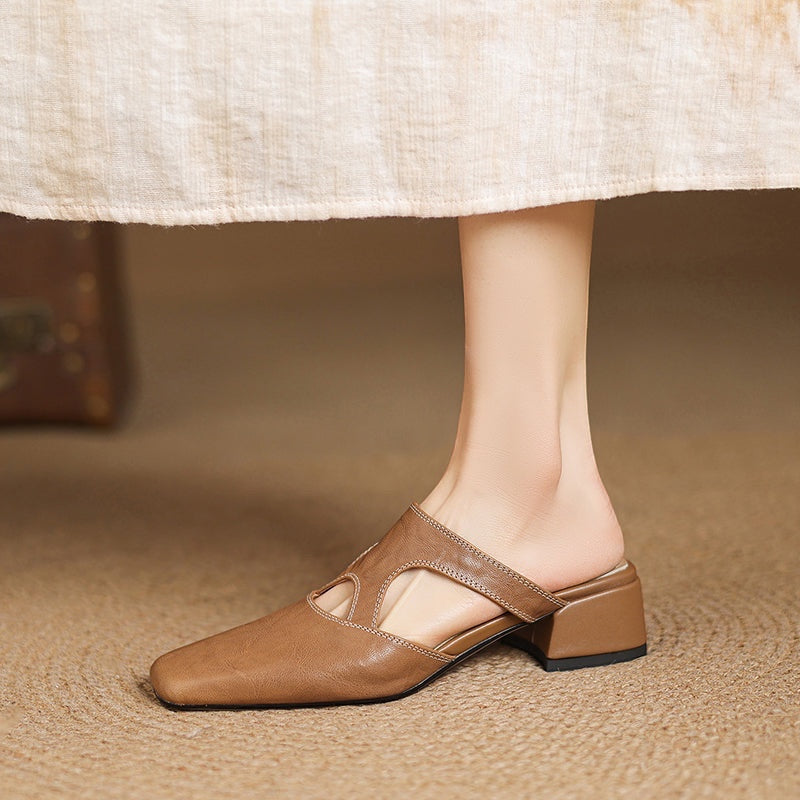Natural leather mule flats in tan, low block heel with ankle cutout and strap