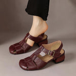Amaya leather sandals, dark red/burgundy color with ankle strap and buckle closure