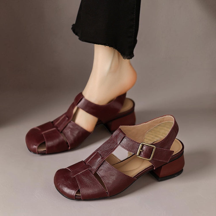 Amaya leather sandals, dark red/burgundy color with ankle strap and buckle closure