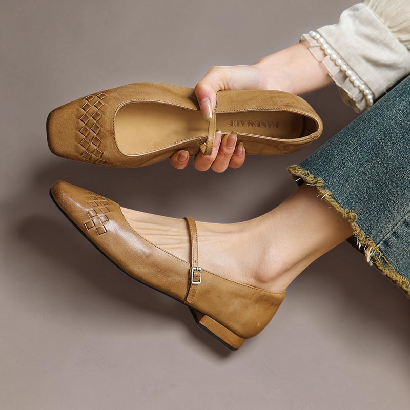 Tan Mary Jane flats with square toe, ankle strap, and woven lattice design