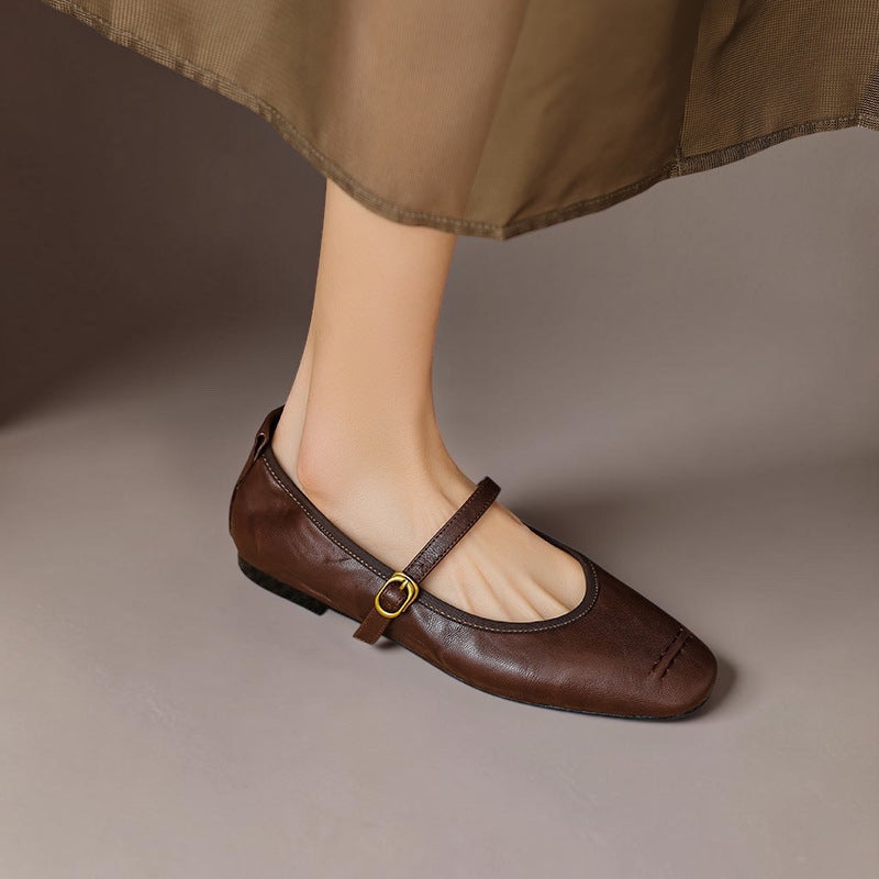 Wani premium leather Mary Jane flats in dark brown, round toe, gold buckle strap