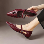 Burgundy Mary Jane flats with ankle strap, buckle detail, and laced upper; pointed toe.