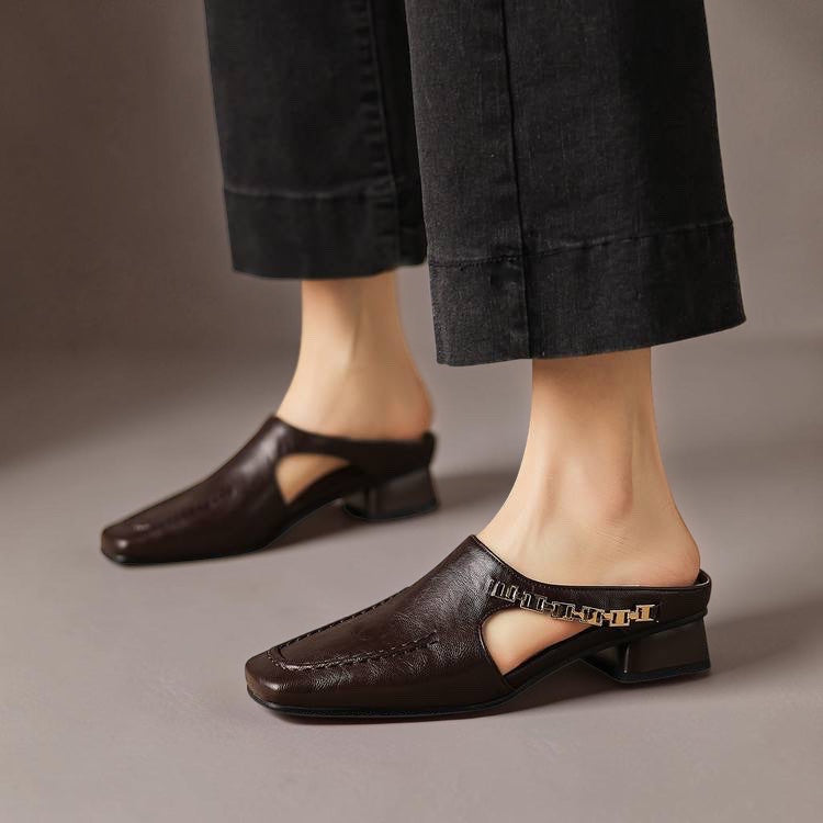 Dark brown leather mule loafers with peep cutout and block heel
